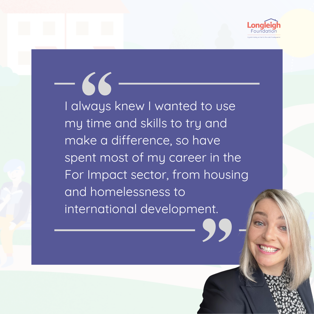 A promotional image of Aileen smiling wearing a black and white top with a blazer over it. The photo of Aileen it set against a purple background alongside a quote from Aileen about why she wanted to join the sector. The quote was taken from the accompanying article.