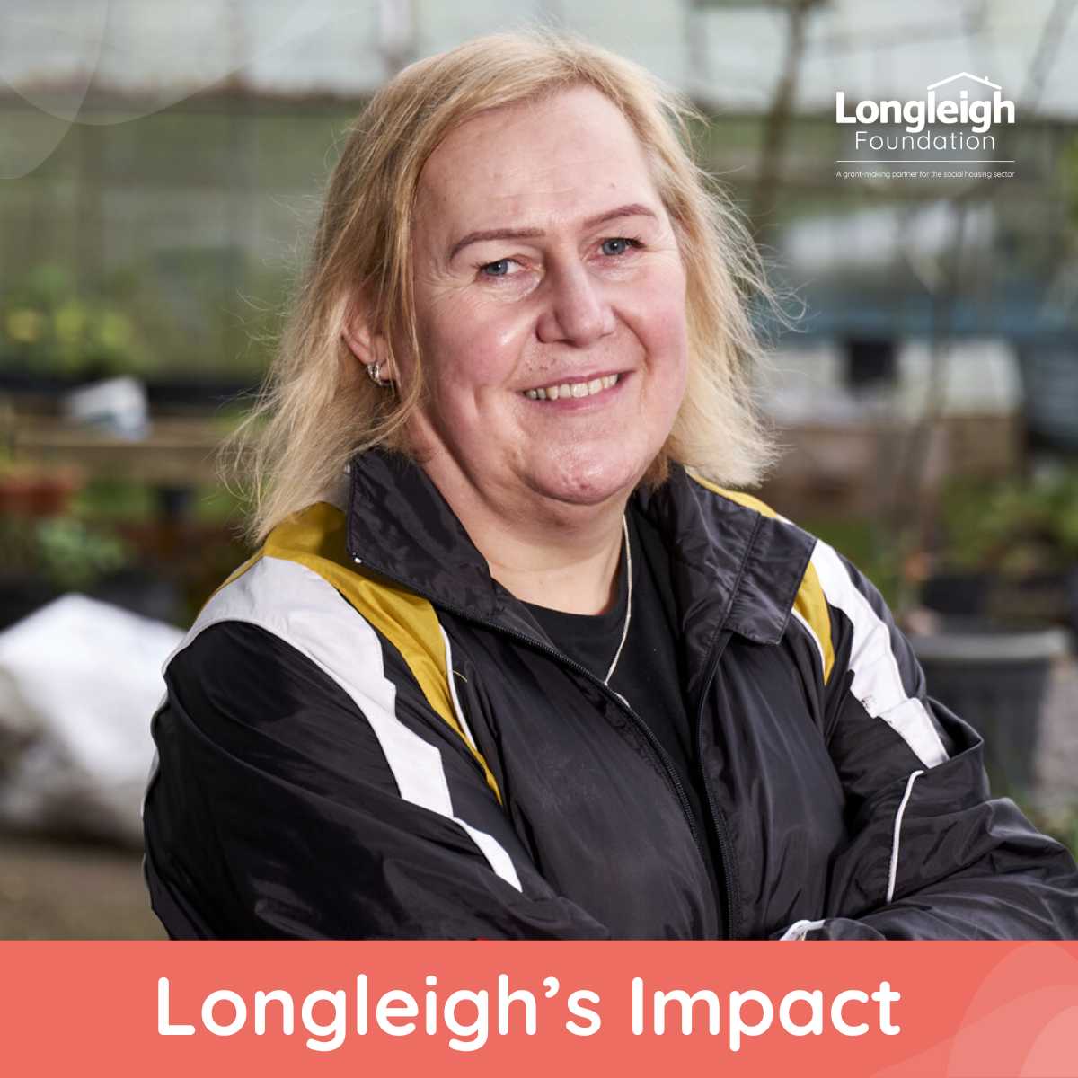 A stock image of a woman smiling and crossing her hand over the top half of her body, on top of a backdrop of Longleigh's artwork background and a image title 'Longleigh's Impact'