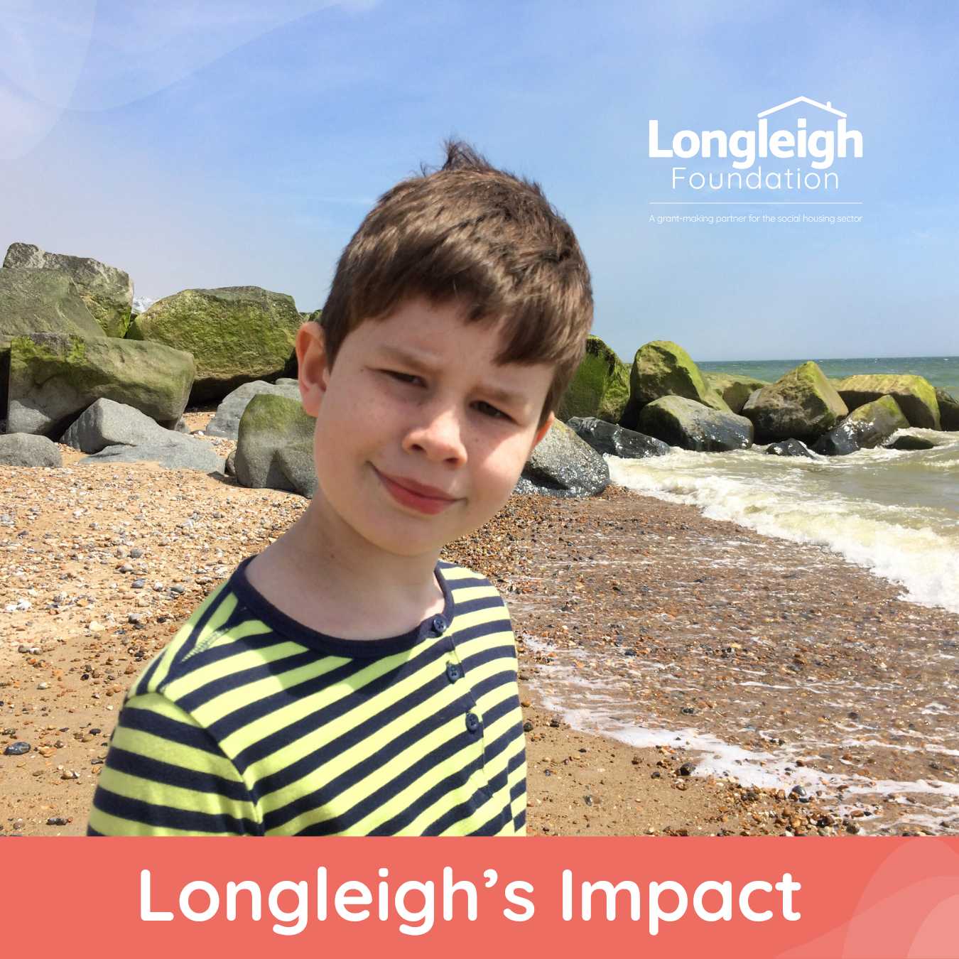A young boy standing on top of a sandy beach with longleigh foundation's logo on the top right of the digital promotional asset.