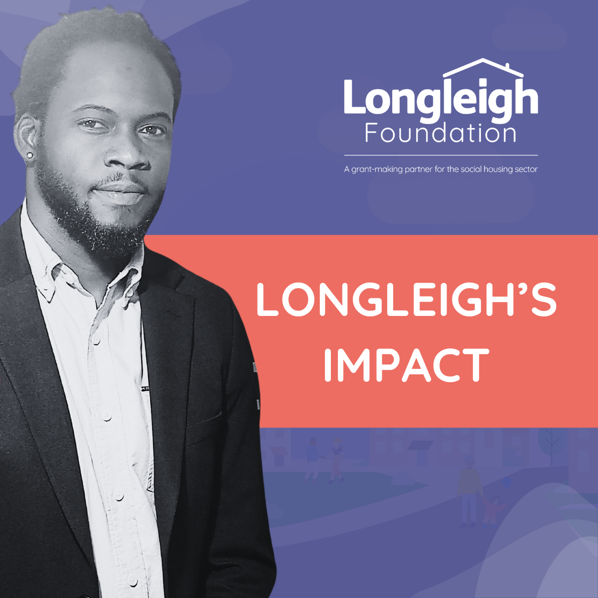 A black-and-white portrait of a man with a beard and short hair, wearing a button-up shirt and blazer, appears on the left side of the image. The right side features a purple and coral banner with the Longleigh Foundation logo and the text 