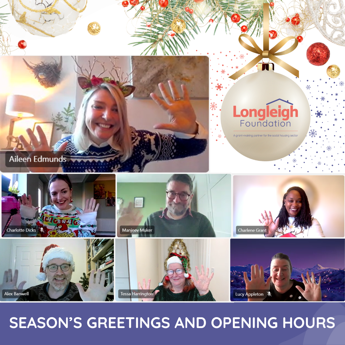 A cheerful, festive virtual team photo of Longleigh Foundation members, each waving in their video frames. Participants wear Christmas attire, including sweaters, Santa hats, and festive headbands. The top right corner features the Longleigh Foundation logo on a bauble, with 
