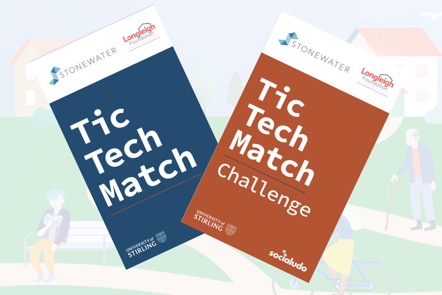 Two promotional posters tilted against a soft background illustration of a park with houses and trees. The blue poster reads, 